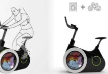 Bicicleta elétrica lava-roupa enquanto faz exercício